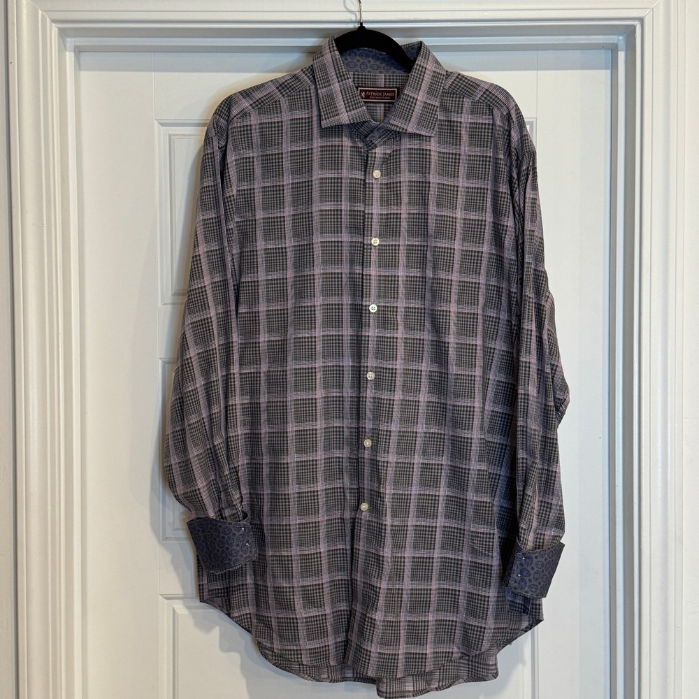 Patrick James Button Down Shirt Mens XL Grey Purple Plaid Paisley Contrast Cuffs